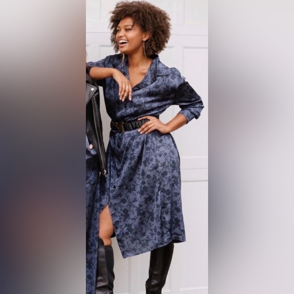 Smash + Tess The Park Shirt Midnight Floral Midi Shirt Dress Grey